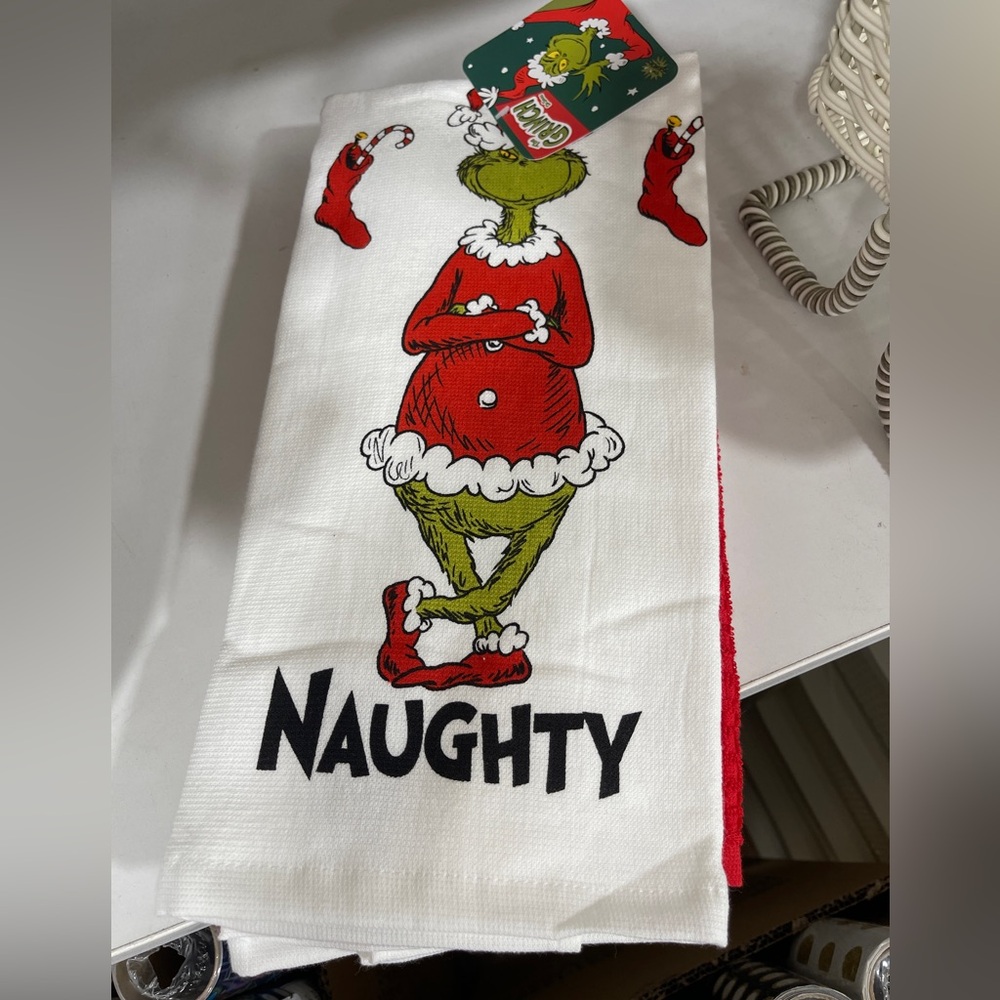 Christmas Grinch Tervis & Max Naughty & Nice 3pk Kitchen Towel Set NWT